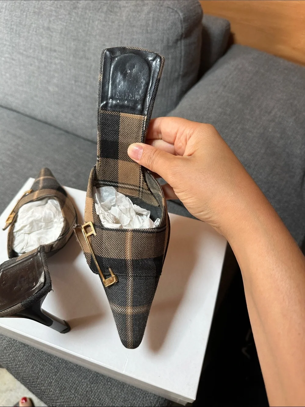 Rodolphe Menudier Plaid Pointed-Toe Mule with Gold Buckle - Brown/Black